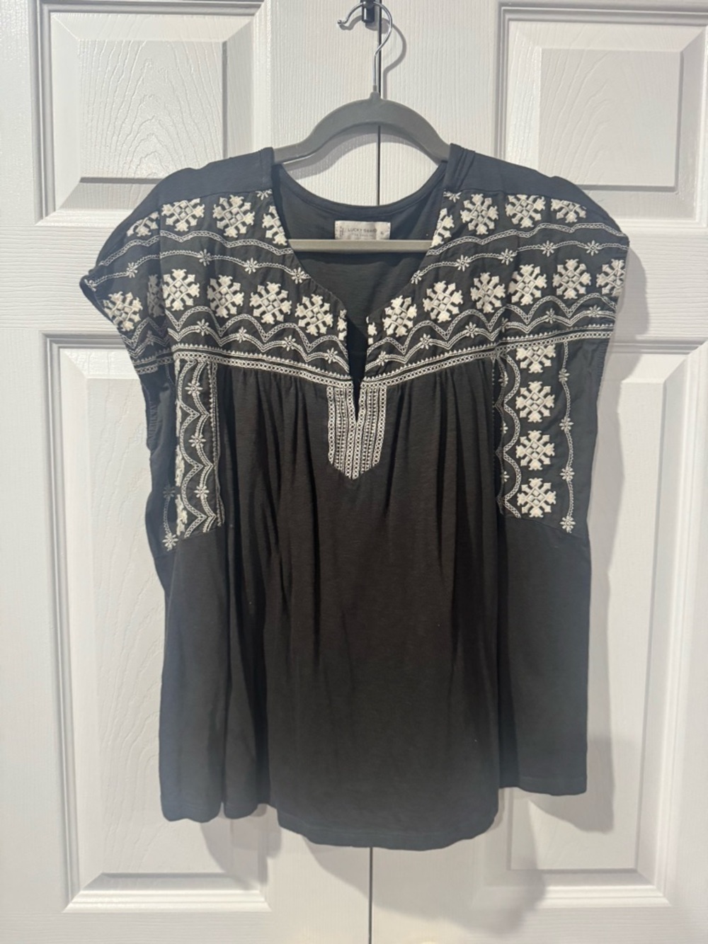 Lucky Brand Black Cap-Sleeve Top with Cream Embroidery